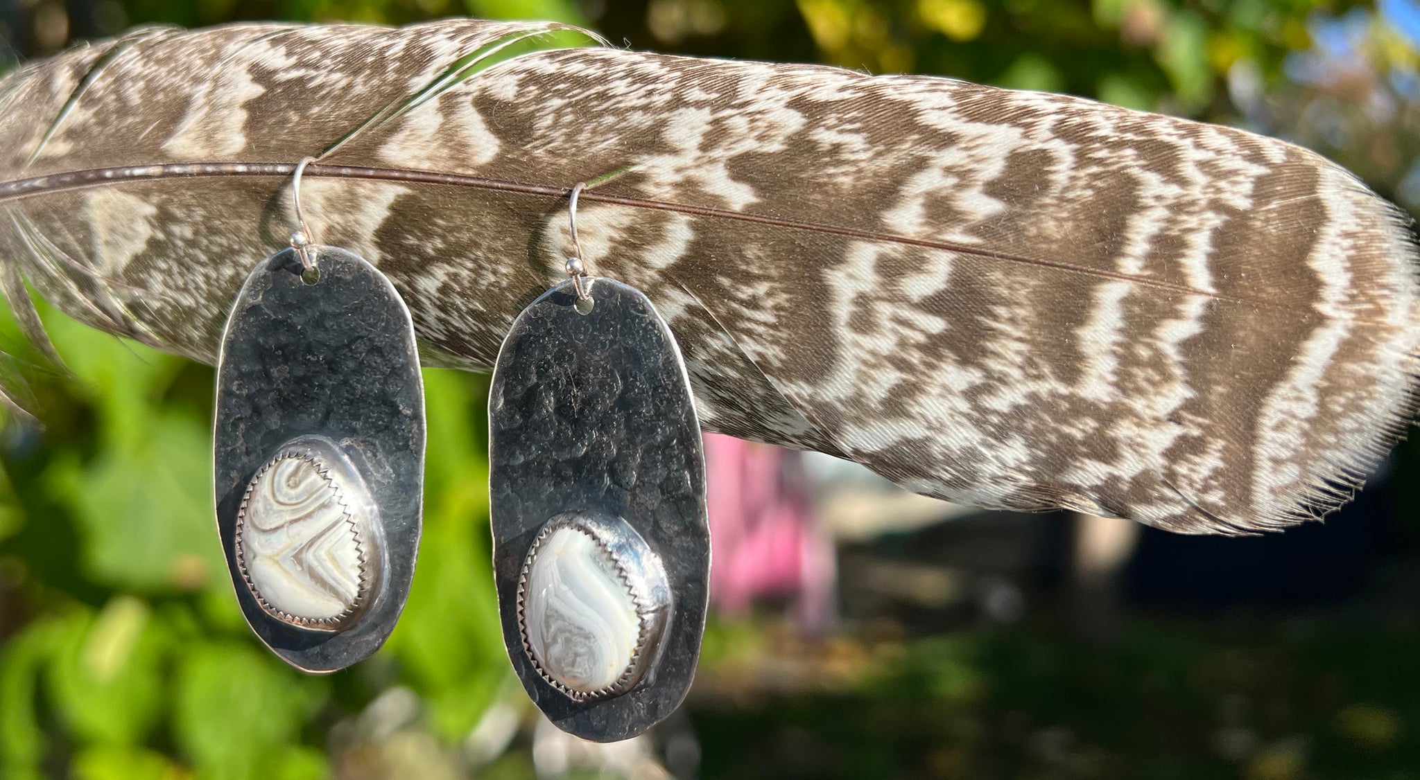 Hammered Sterling silver earrings with agates